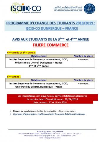 2eme appel programme d’échange des étudiants 2018/2019 : ISCID-CO Dunkerque – France